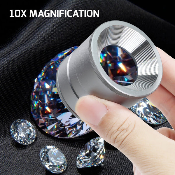 GEM-522 10X Magnifying Scale Loupe White & Purple LED Lights Adjustable Focus Rechargeable Magnifier Glass Lens for Jewelers, Collectors, Hobbyists, and Professionals