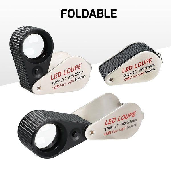 GEM-535 Gem Loupe 10X or 30X Magnification Rechargeable LED Loupe Triplet Lens UV / Warm / Natural / White Light Stainless Steel Magnifier for Jewelry, Watch, Jewelry Inspection