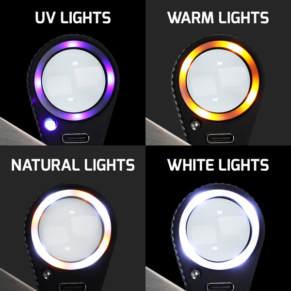 GEM-535 Gem Loupe 10X or 30X Magnification Rechargeable LED Loupe Triplet Lens UV / Warm / Natural / White Light Stainless Steel Magnifier for Jewelry, Watch, Jewelry Inspection
