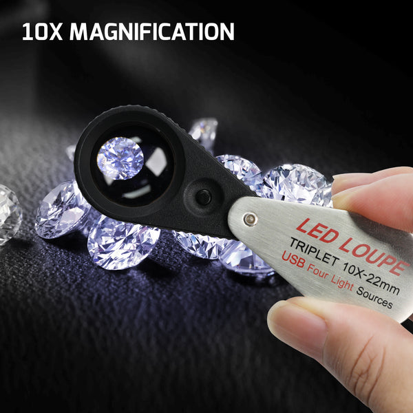 GEM-535 Gem Loupe 10X or 30X Magnification Rechargeable LED Loupe Triplet Lens UV / Warm / Natural / White Light Stainless Steel Magnifier for Jewelry, Watch, Jewelry Inspection
