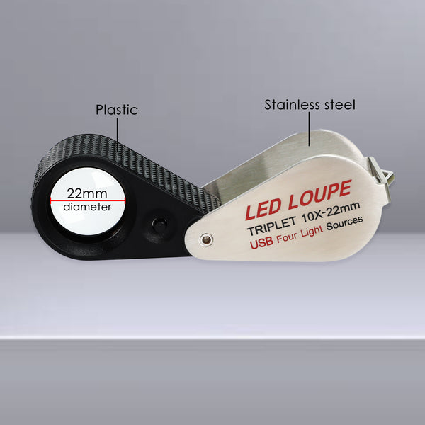 GEM-535 Gem Loupe 10X or 30X Magnification Rechargeable LED Loupe Triplet Lens UV / Warm / Natural / White Light Stainless Steel Magnifier for Jewelry, Watch, Jewelry Inspection