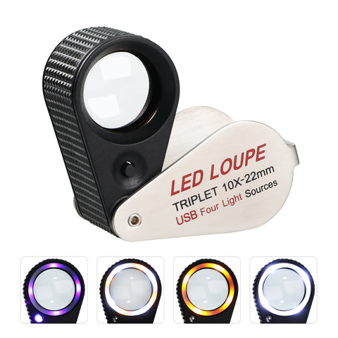 GEM-535 Gem Loupe 10X or 30X Magnification Rechargeable LED Loupe Triplet Lens UV / Warm / Natural / White Light Stainless Steel Magnifier for Jewelry, Watch, Jewelry Inspection