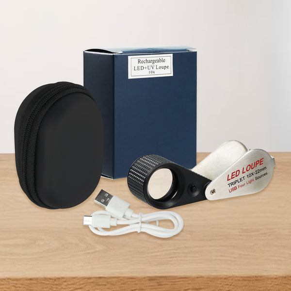 GEM-535 Gem Loupe 10X or 30X Magnification Rechargeable LED Loupe Triplet Lens UV / Warm / Natural / White Light Stainless Steel Magnifier for Jewelry, Watch, Jewelry Inspection