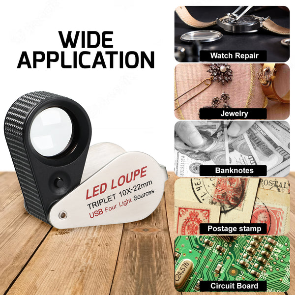 GEM-535 Gem Loupe 10X or 30X Magnification Rechargeable LED Loupe Triplet Lens UV / Warm / Natural / White Light Stainless Steel Magnifier for Jewelry, Watch, Jewelry Inspection