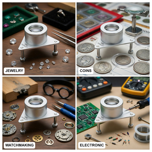 GEM-539 10X Jewelers Tripod Eye Loupe Magnifier Bench/Table Magnifying Glass Triplet Lens Magnification for Gemstone Inspection, Sorting & Grading