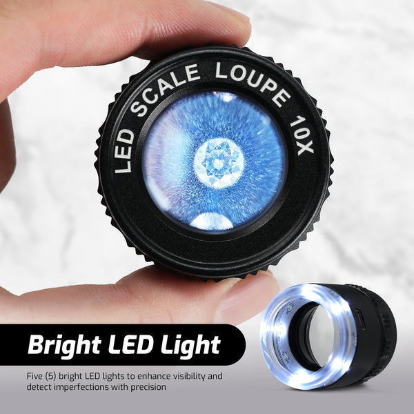 GEM-552 10X Magnification Loupe 5 White and 5 UV LEDs Rechargeable Scale Loop with Metal Body Detachable Glass Reticle for Jeweler, Watch Repair, Coins, Stamps, Gemstones