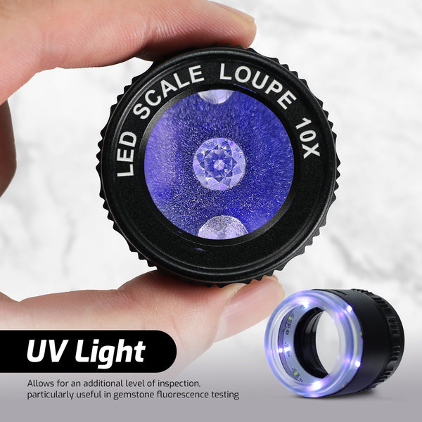 GEM-552 10X Magnification Loupe 5 White and 5 UV LEDs Rechargeable Scale Loop with Metal Body Detachable Glass Reticle for Jeweler, Watch Repair, Coins, Stamps, Gemstones