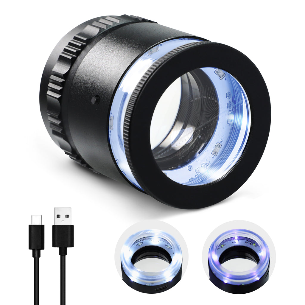 GEM-552 10X Magnification Loupe 5 White and 5 UV LEDs Rechargeable Scale Loop with Metal Body Detachable Glass Reticle for Jeweler, Watch Repair, Coins, Stamps, Gemstones