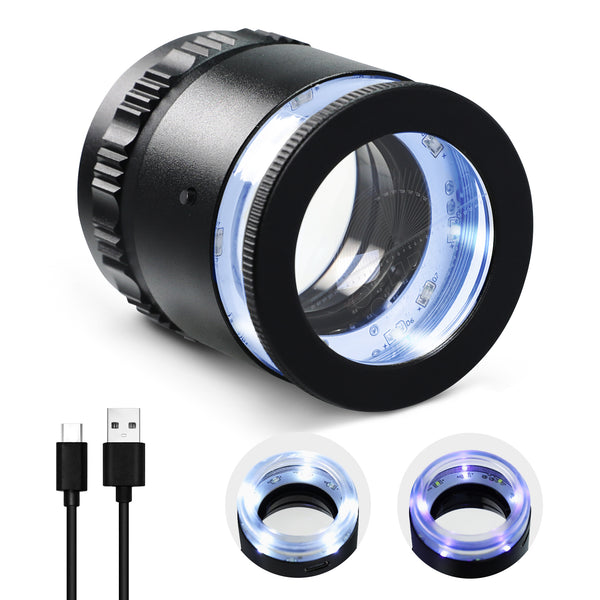 GEM-552 10X Magnification Loupe 5 White and 5 UV LEDs Rechargeable Scale Loop with Metal Body Detachable Glass Reticle for Jeweler, Watch Repair, Coins, Stamps, Gemstones