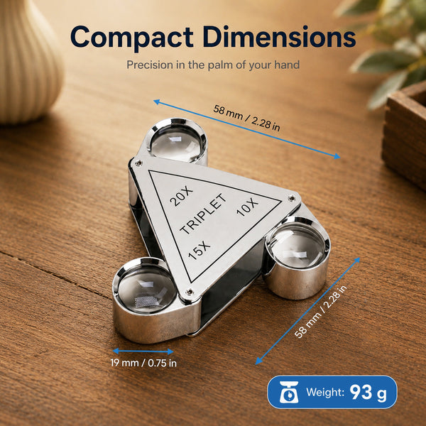 GEM-554 Triplet 10X 15X 20X Jewelry Loupe – 3-in-1 Triangular Swing-Out Magnifier, 18mm Achromatic Lenses, Chrome-Plated Copper Body