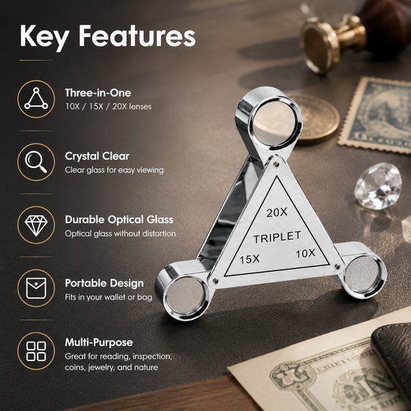 GEM-554 Triplet 10X 15X 20X Jewelry Loupe – 3-in-1 Triangular Swing-Out Magnifier, 18mm Achromatic Lenses, Chrome-Plated Copper Body