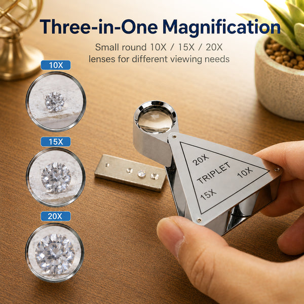 GEM-554 Triplet 10X 15X 20X Jewelry Loupe – 3-in-1 Triangular Swing-Out Magnifier, 18mm Achromatic Lenses, Chrome-Plated Copper Body
