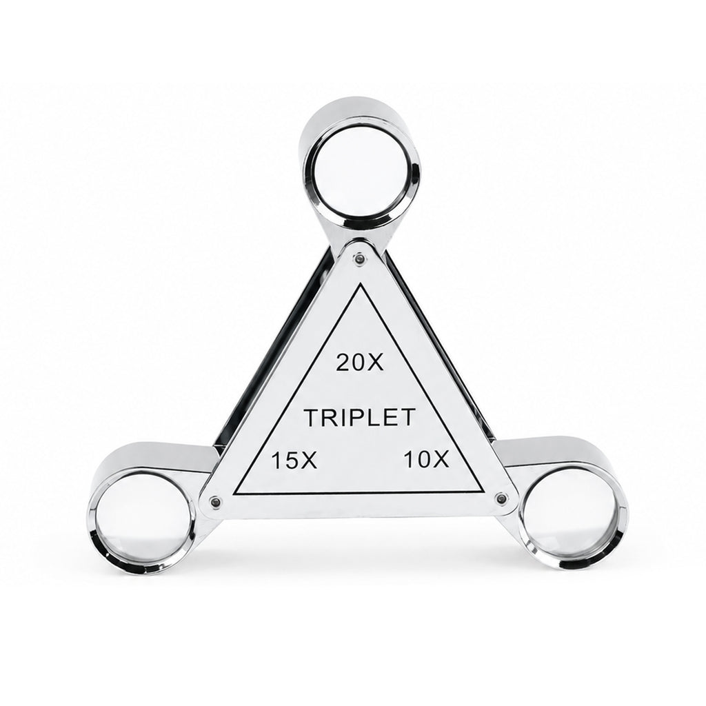 GEM-554 Triplet 10X 15X 20X Jewelry Loupe – 3-in-1 Triangular Swing-Out Magnifier, 18mm Achromatic Lenses, Chrome-Plated Copper Body