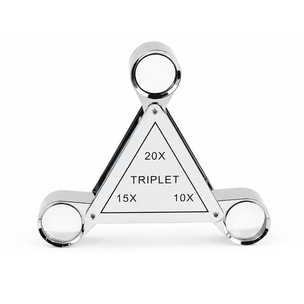GEM-554 Triplet 10X 15X 20X Jewelry Loupe – 3-in-1 Triangular Swing-Out Magnifier, 18mm Achromatic Lenses, Chrome-Plated Copper Body