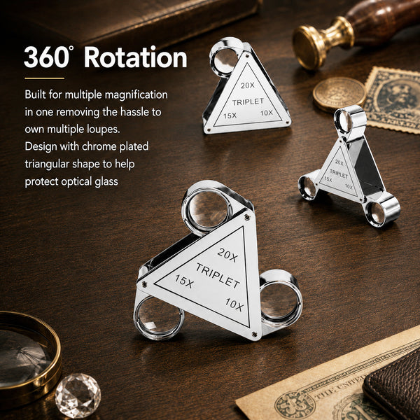 GEM-554 Triplet 10X 15X 20X Jewelry Loupe – 3-in-1 Triangular Swing-Out Magnifier, 18mm Achromatic Lenses, Chrome-Plated Copper Body