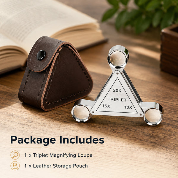 GEM-554 Triplet 10X 15X 20X Jewelry Loupe – 3-in-1 Triangular Swing-Out Magnifier, 18mm Achromatic Lenses, Chrome-Plated Copper Body