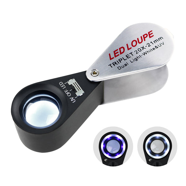 GM21 Mini Jeweler Loupe 20X Magnifier + LED & UV light 21mm lens