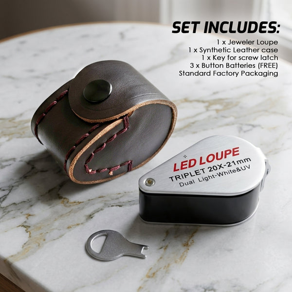 GM21 Mini Jeweler Loupe 20X Magnifier + LED & UV light 21mm lens
