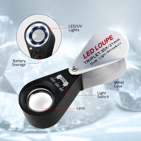 GM31 Mini 30X Jeweler Loupe Magnifier + LED & UV light 21mm lens
