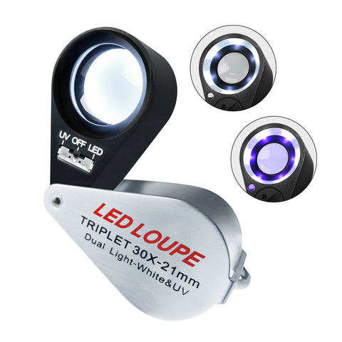 GM31 Mini 30X Jeweler Loupe Magnifier + LED & UV light 21mm lens