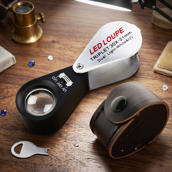 GM31 Mini 30X Jeweler Loupe Magnifier + LED & UV light 21mm lens