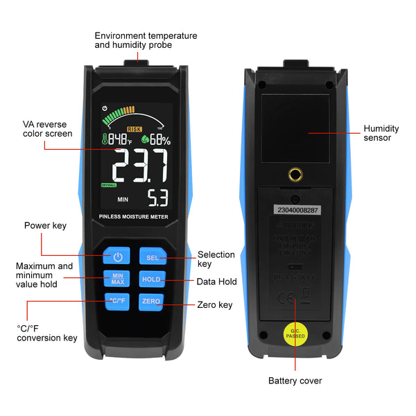 HTM-382 Non-Destructive Digital Moisture Meter Colored LCD Screen Pinless Wood Moisture Tester for Drywall / Masonry / Softwood / Hardwood with Alarm Function