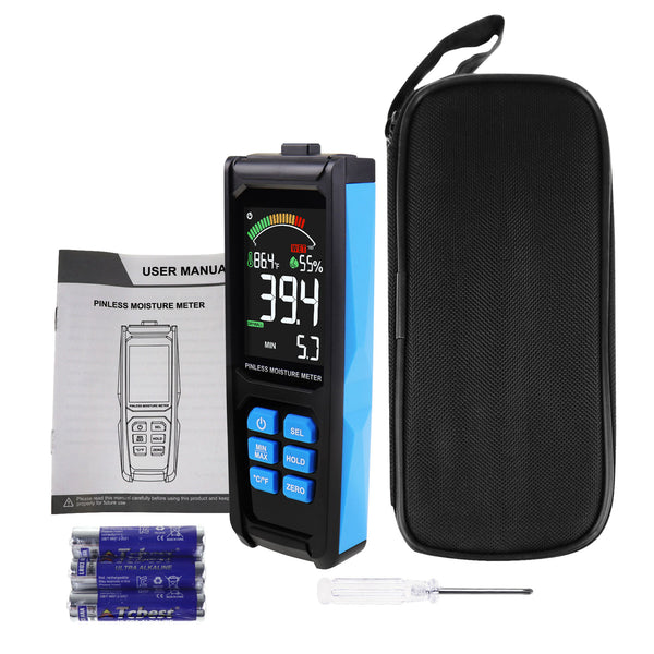 HTM-382 Non-Destructive Digital Moisture Meter Colored LCD Screen Pinless Wood Moisture Tester for Drywall / Masonry / Softwood / Hardwood with Alarm Function