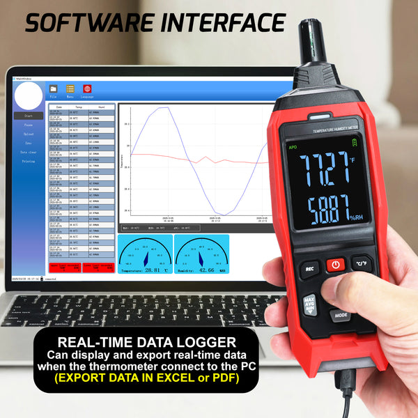 HTM-482 Multi-Function Environmental Meter Thermo-Hygrometer Datalogging Temperature, Humidity and Wet Bulb Dew Point Measurement PC Connection Feature Record and Download