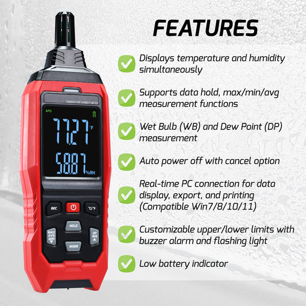 HTM-482 Multi-Function Environmental Meter Thermo-Hygrometer Datalogging Temperature, Humidity and Wet Bulb Dew Point Measurement PC Connection Feature Record and Download