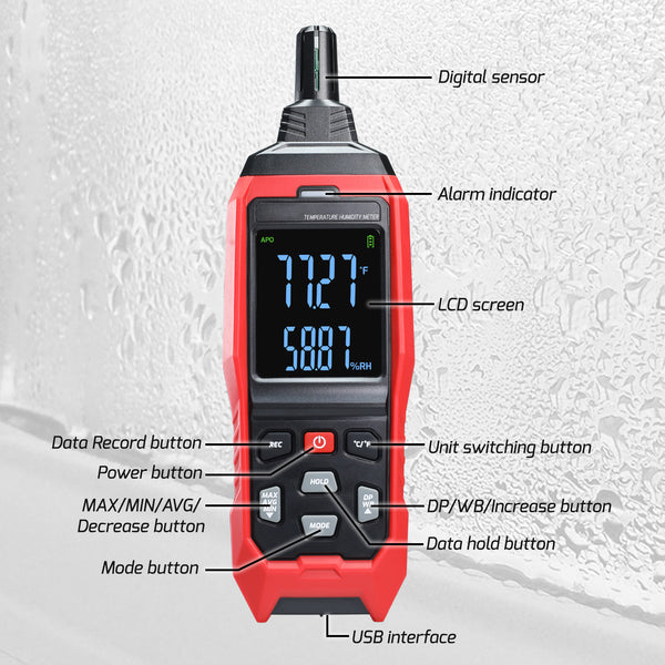 HTM-482 Multi-Function Environmental Meter Thermo-Hygrometer Datalogging Temperature, Humidity and Wet Bulb Dew Point Measurement PC Connection Feature Record and Download