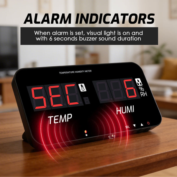 HTM-548 Digital Large Screen Hygrometer Temperature and Humidity Measurement with Adjustable Visual/Audible Alarms with External Sensor Indoor Tester