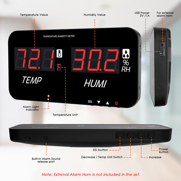 HTM-548 Digital Large Screen Hygrometer Temperature and Humidity Measurement with Adjustable Visual/Audible Alarms Built-in Probe Indoor Tester
