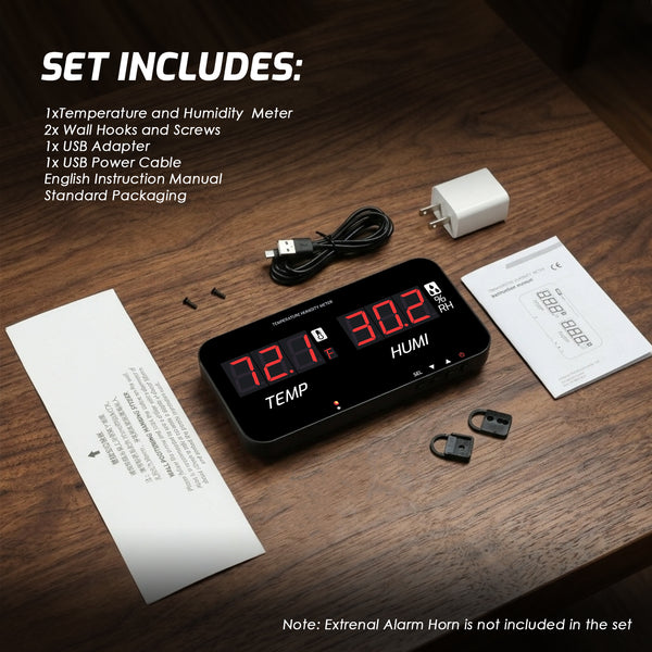 HTM-548 Digital Large Screen Hygrometer Temperature and Humidity Measurement with Adjustable Visual/Audible Alarms Built-in Probe Indoor Tester