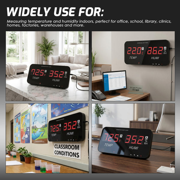 HTM-548 Digital Large Screen Hygrometer Temperature and Humidity Measurement with Adjustable Visual/Audible Alarms Built-in Probe Indoor Tester