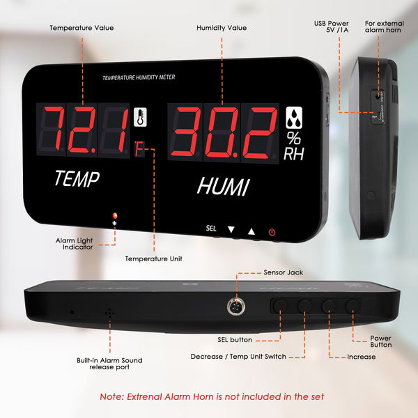 HTM-548 Digital Large Screen Hygrometer Temperature and Humidity Measurement with Adjustable Visual/Audible Alarms with External Sensor Indoor Tester