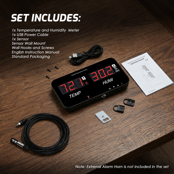 HTM-548 Digital Large Screen Hygrometer Temperature and Humidity Measurement with Adjustable Visual/Audible Alarms with External Sensor Indoor Tester