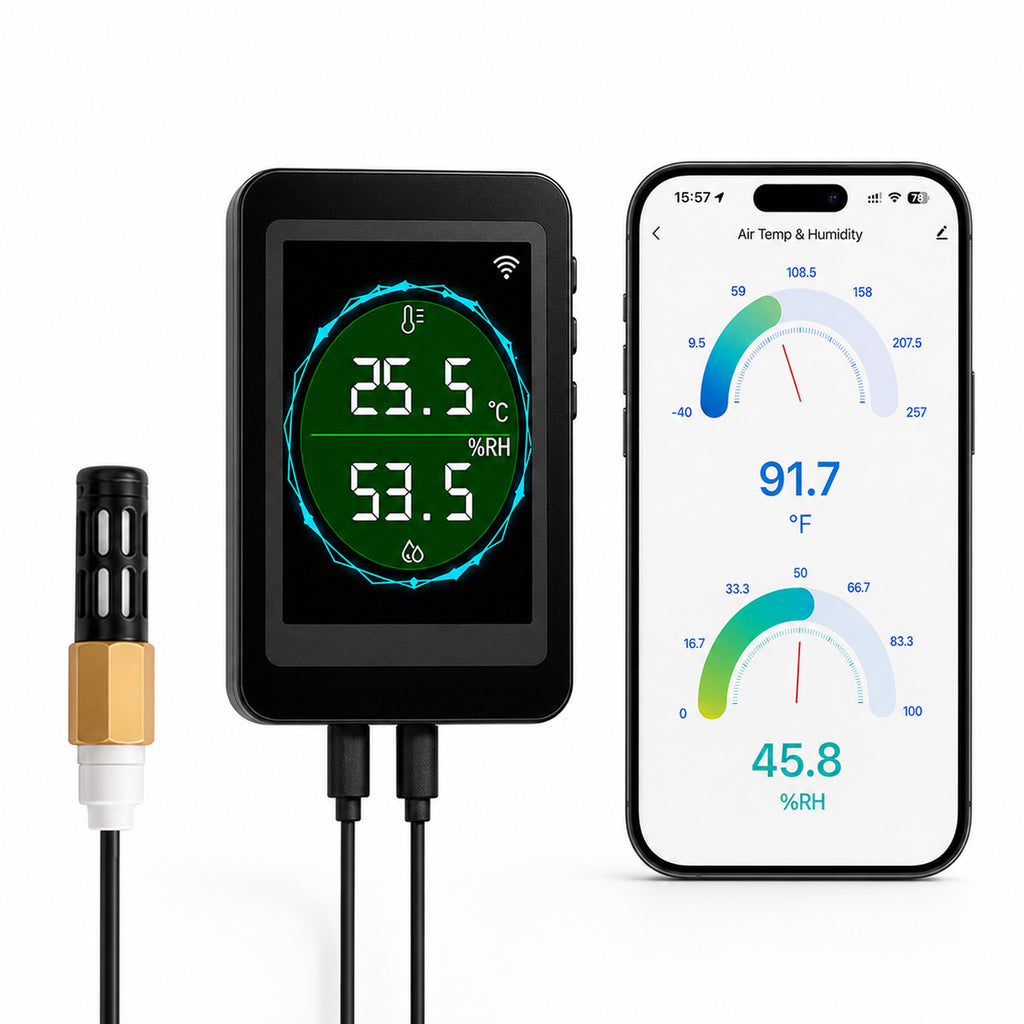 HTM-564 Dual WiFi & Bluetooth Smart Thermometer Hygrometer, 24/7 Temperature Humidity Remote Monitor with Real-Time Readout, App Notification Alerts, Data Graph Recording for Home Garage Greenhouse Office