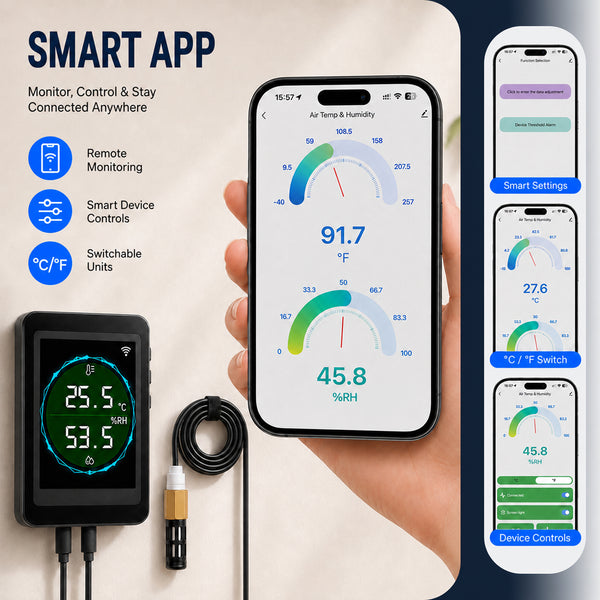 HTM-564 Dual WiFi & Bluetooth Smart Thermometer Hygrometer, 24/7 Temperature Humidity Remote Monitor with Real-Time Readout, App Notification Alerts, Data Graph Recording for Home Garage Greenhouse Office