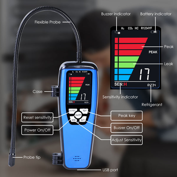 LKD-432 Refrigerant Leak Detector Handheld 17-inch Gooseneck Probe Sensor Heating Diode Leak Tester for Air Conditioning and Refrigeration System with Buzzer, Visual Alarm and LCD Bar Graph