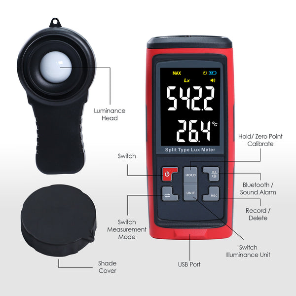 LUX-426 Split Type Digital Light Lux Meter with Temperature Measure Colored LCD Display Illuminance Meter for Luminosity Measuring & Monitoring