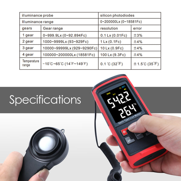 LUX-426 Split Type Digital Light Lux Meter with Temperature Measure Colored LCD Display Illuminance Meter for Luminosity Measuring & Monitoring