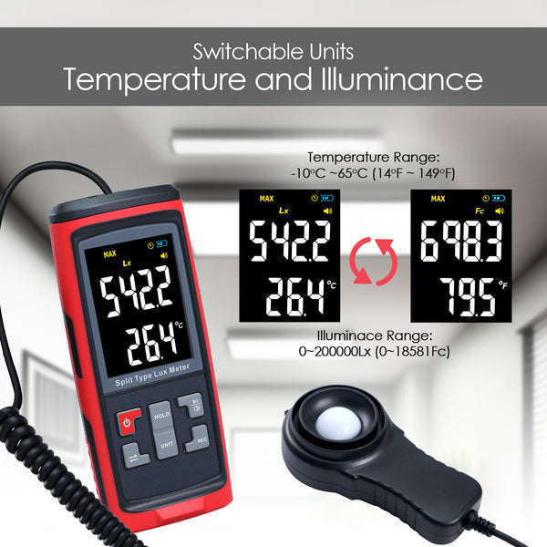 LUX-426 Split Type Digital Light Lux Meter with Temperature Measure Colored LCD Display Illuminance Meter for Luminosity Measuring & Monitoring