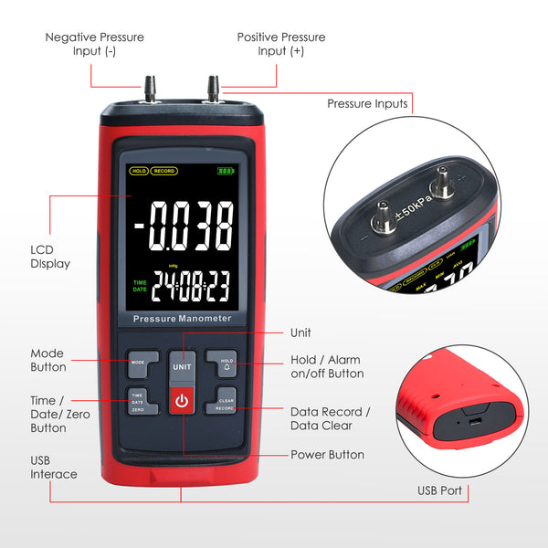 MAN-420 Differential Pressure Manometer with ±50 kPa Kilopascal Measuring Range for Pneumatic, Compressor, Valves, Tanks, Pump Installations, HVAC Heating Ventilation and Air Conditioning Systems