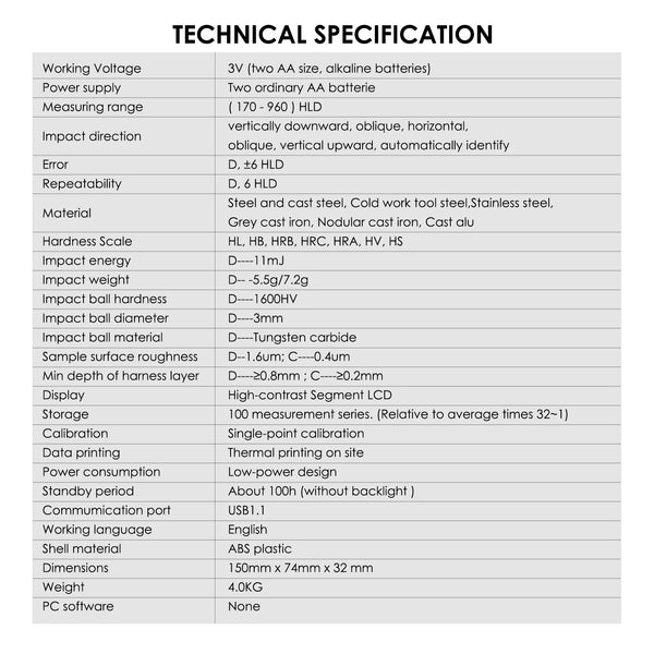Mitech MH180 Portable Handheld  Leeb Hardness Tester Meter Gauge 170～960 HLD with 100 Group Data Memory LCD EL background light Support Micro printer