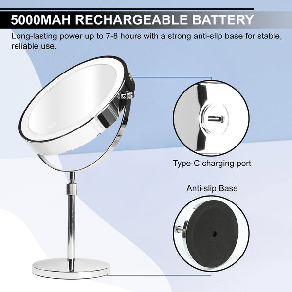 MIR-534 Double Sided 1X/10X LED Light Vanity Mirror 9" Rechargeable Make Up Mirror with Adjustable Brightness and 3-Color Change, 360° Rotatable, Touch Screen Design