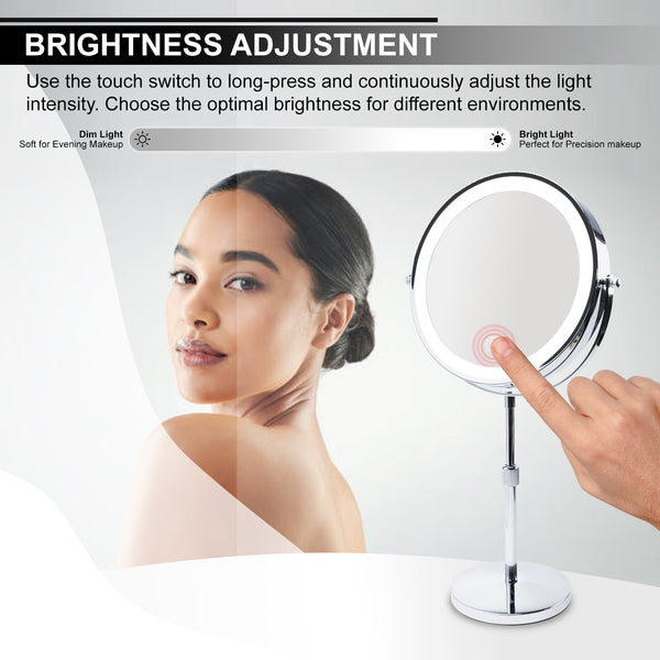 MIR-534 Double Sided 1X/10X LED Light Vanity Mirror 9" Rechargeable Make Up Mirror with Adjustable Brightness and 3-Color Change, 360° Rotatable, Touch Screen Design