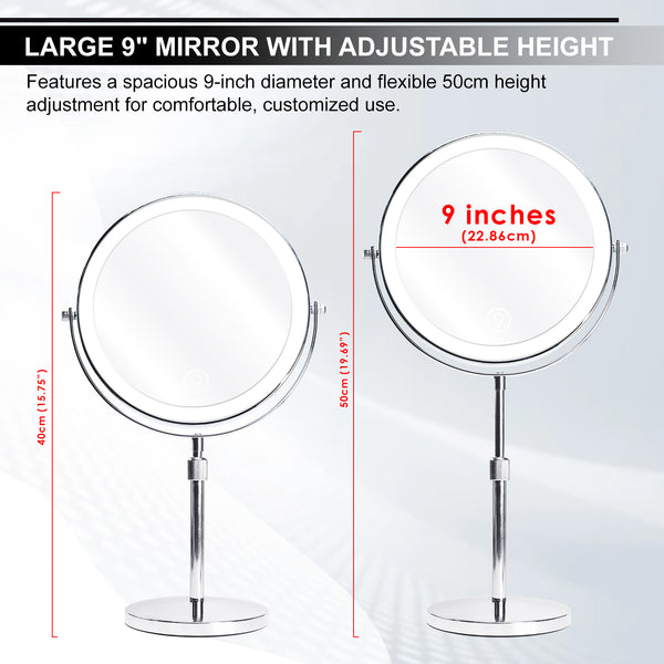 MIR-534 Double Sided 1X/10X LED Light Vanity Mirror 9" Rechargeable Make Up Mirror with Adjustable Brightness and 3-Color Change, 360° Rotatable, Touch Screen Design