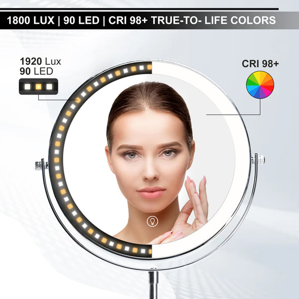 MIR-534 Double Sided 1X/10X LED Light Vanity Mirror 9" Rechargeable Make Up Mirror with Adjustable Brightness and 3-Color Change, 360° Rotatable, Touch Screen Design