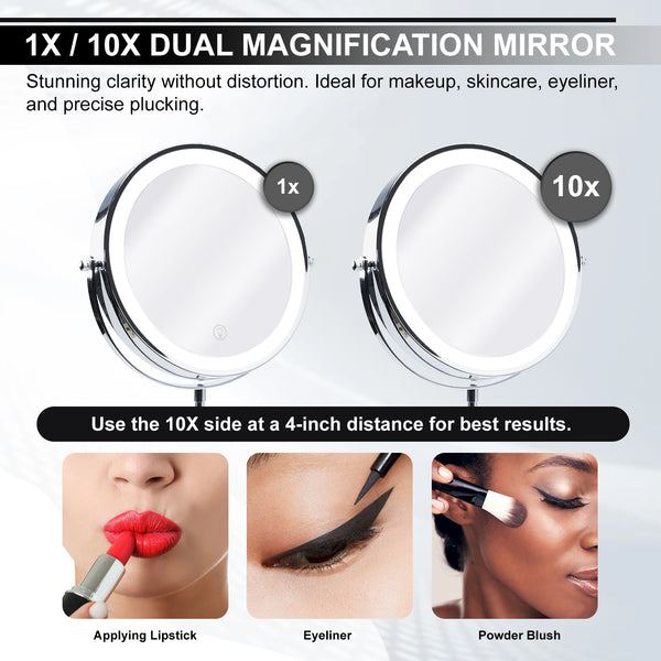 MIR-534 Double Sided 1X/10X LED Light Vanity Mirror 9" Rechargeable Make Up Mirror with Adjustable Brightness and 3-Color Change, 360° Rotatable, Touch Screen Design