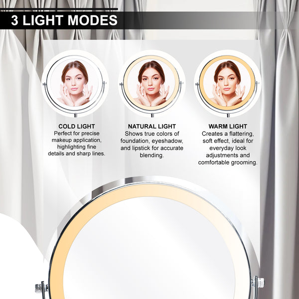 MIR-534 Double Sided 1X/10X LED Light Vanity Mirror 9" Rechargeable Make Up Mirror with Adjustable Brightness and 3-Color Change, 360° Rotatable, Touch Screen Design